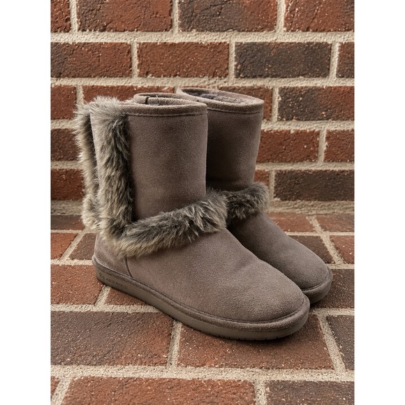 BearPaw Shoes - Bearpaw 8 Grey Suede Faux Fur Trim Boots Fall Apres Ski Y2K McBling Cabin 2000s